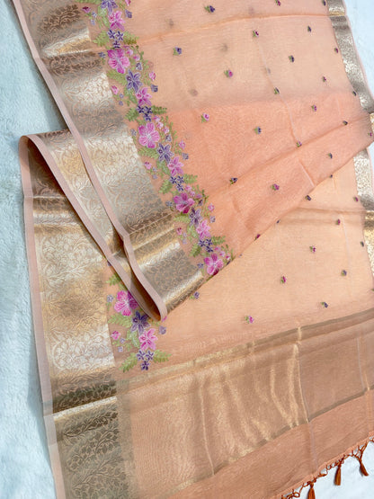 Peach shade linen designer embroidery Banarasi saree