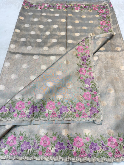 Grey tissue cutwork embroidery premium designer Banarasi saree