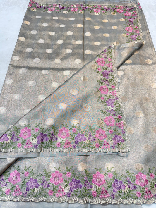 Grey tissue cutwork embroidery premium designer Banarasi saree