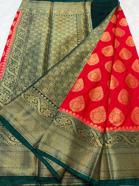 Red & bottle green shade Dupion Silk Banarasi Saree 