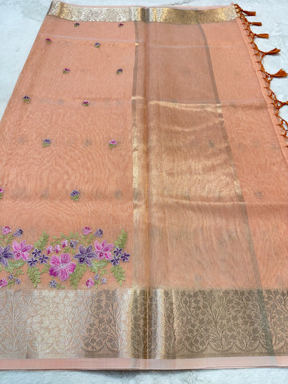 Peach shade linen designer embroidery Banarasi saree