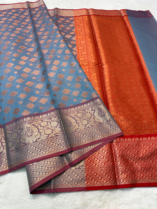 Grey red cotton silk premium Banarasi saree