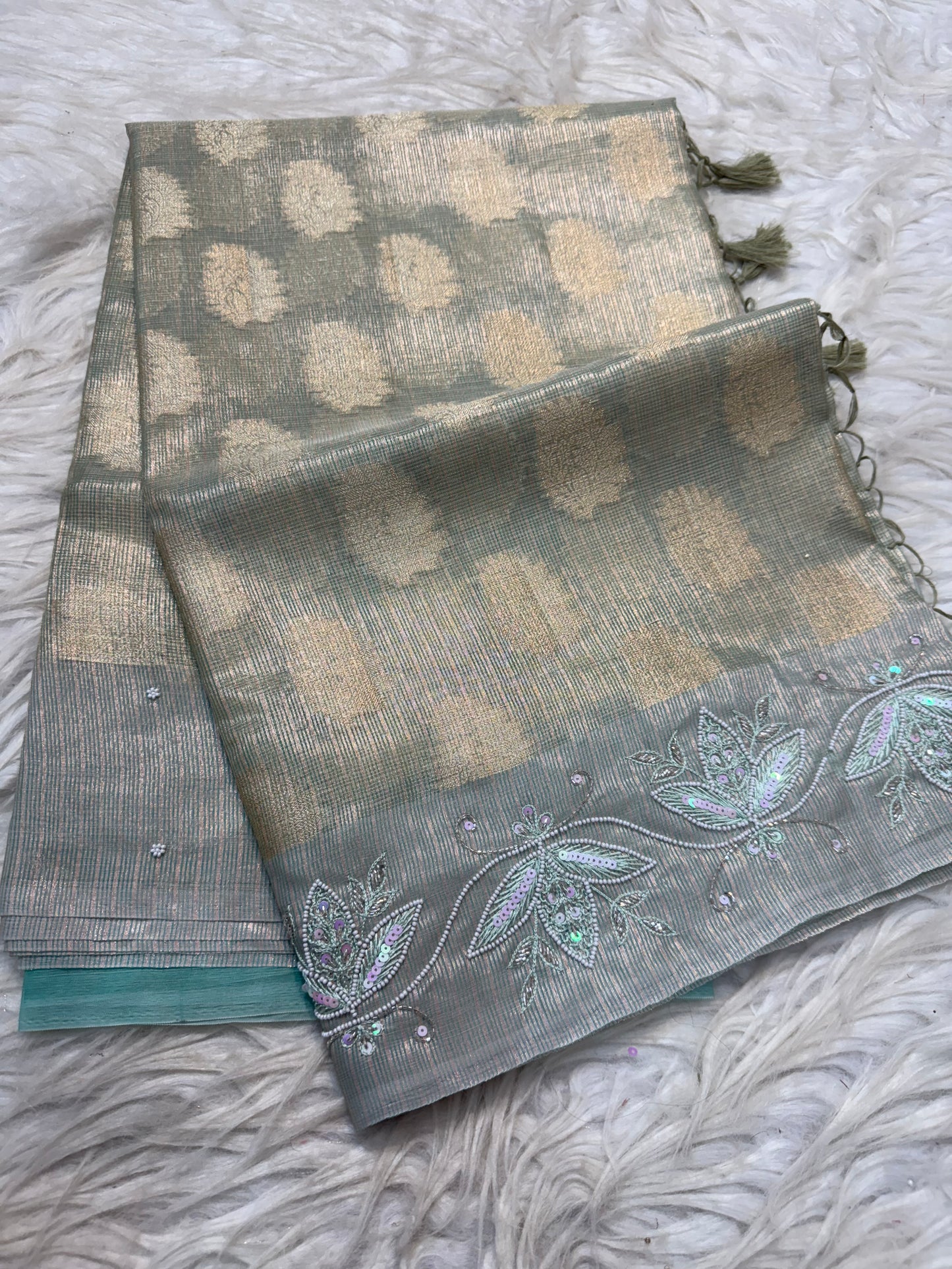 Sea green shade tissue kota zardosi work Banarasi saree