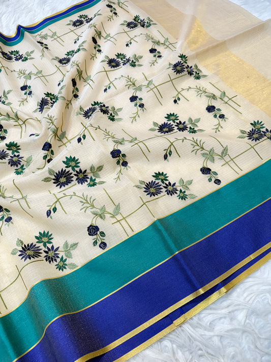 Off white nevy sea green shade tissue kota embroidery Banarasi saree
