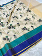 Off white nevy sea green shade tissue kota embroidery Banarasi saree