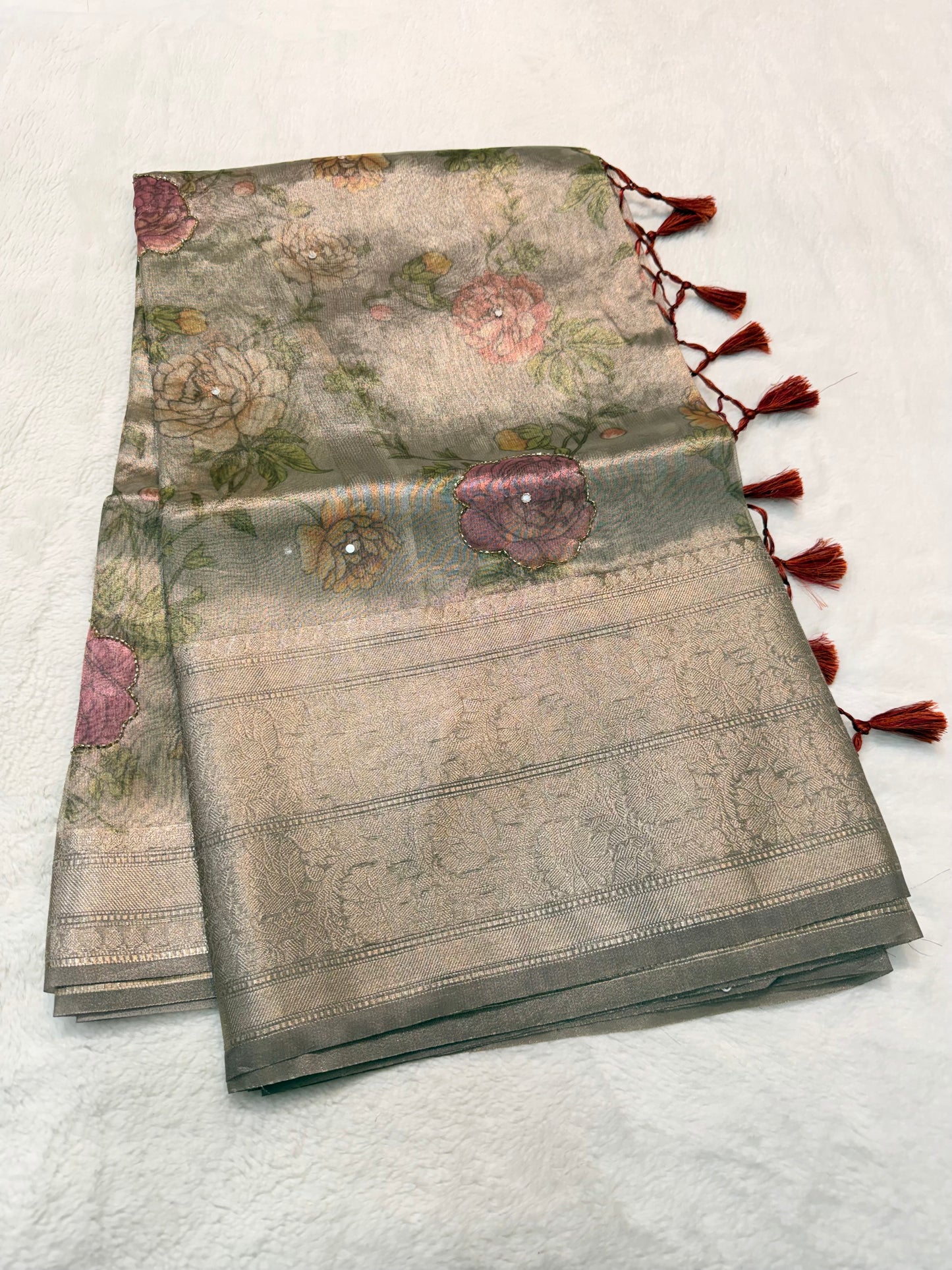 multicolour tissue silk digital print handwork premium Banarasi saree