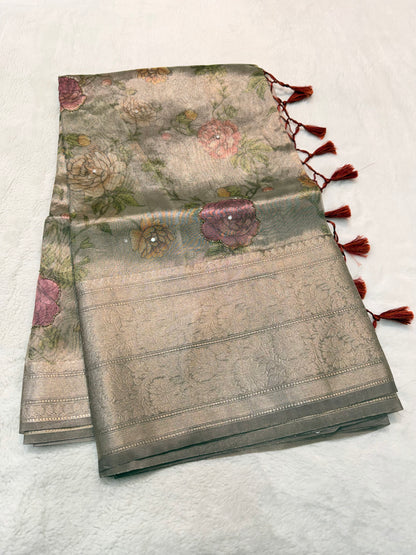 multicolour tissue silk digital print handwork premium Banarasi saree