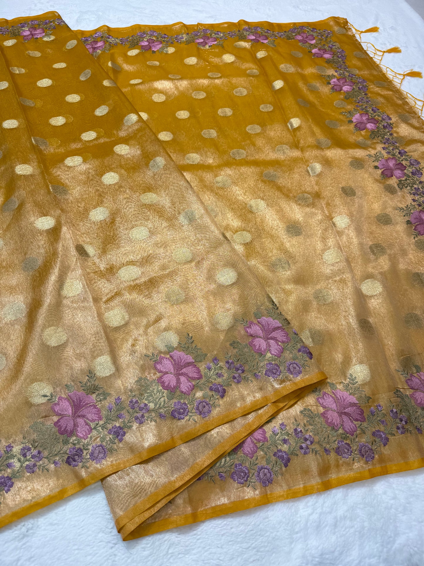Gold tissue cutwork embroidery premium designer Banarasi saree