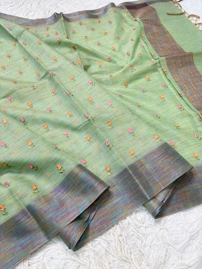 Pista green shade linen  embroidery Banarasi saree