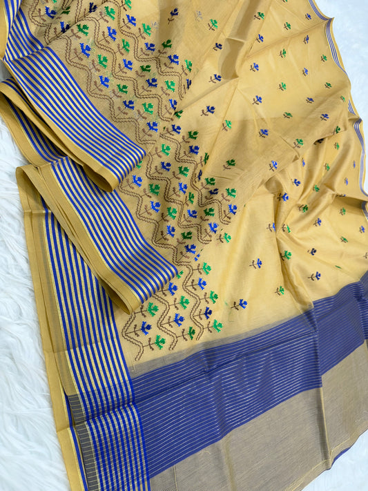 Beige blue shade supernet embroidery  Banarasi saree