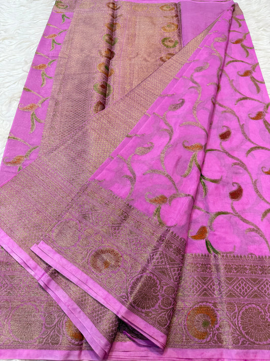Pink & multicolour shade georgatte hand brush print Banarasi saree