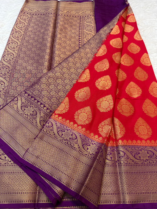 Red & magenta shade Dupion Silk Banarasi Saree 