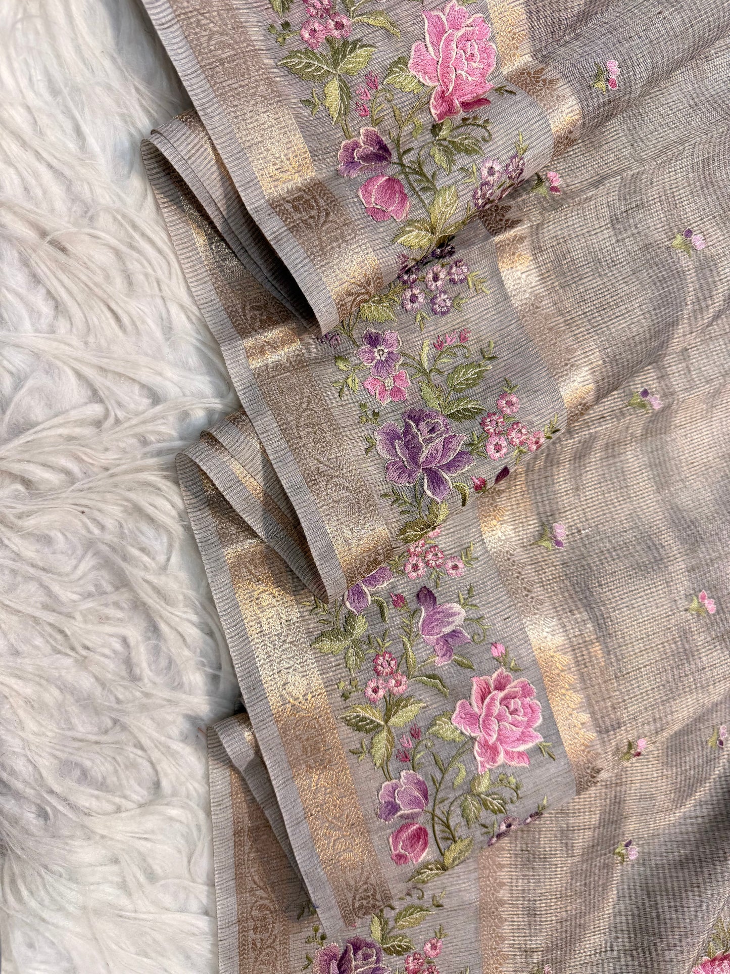 Greay shade tissue linen designer embroidery premium Banarasi saree