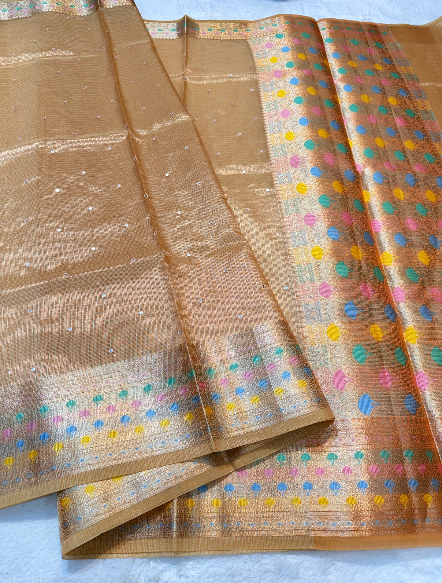 Bronze shade tissue kota mirror work premium Banarasi saree