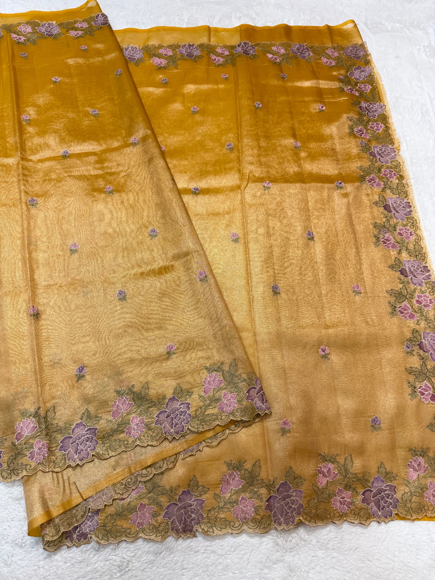 Gold shade tissue cutwork embroidery premium designer Banarasi saree