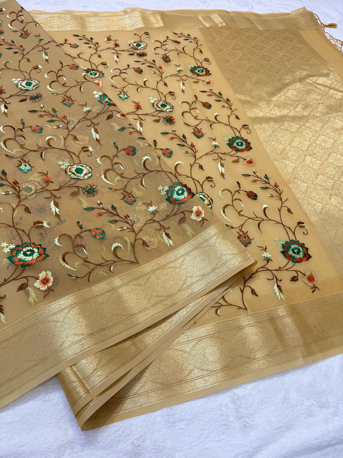 Beige shade organza designer premium embroidery Banarasi saree