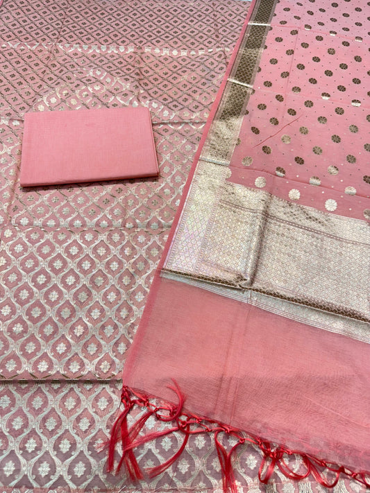 Peach Cotton Silk Banarasi Three Piece suit