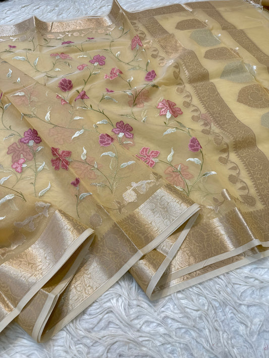 Beige shade  kora organza  embroidery Banarasi saree
