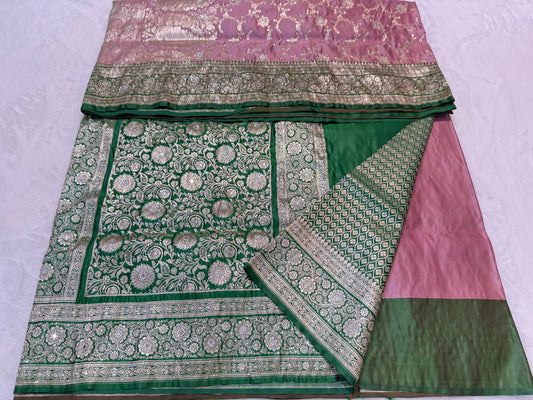 Rose gold shade Bridal Satan katan ari & stone work Banarasi silk Saree