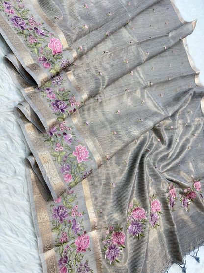 Banarasi Tissue linen embroidery saree