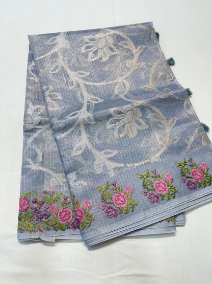 Powder blue shade tissue kota embroidery primum Banarasi saree