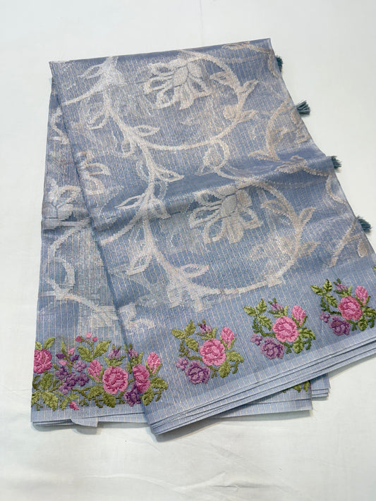 Powder blue shade tissue kota embroidery primum Banarasi saree