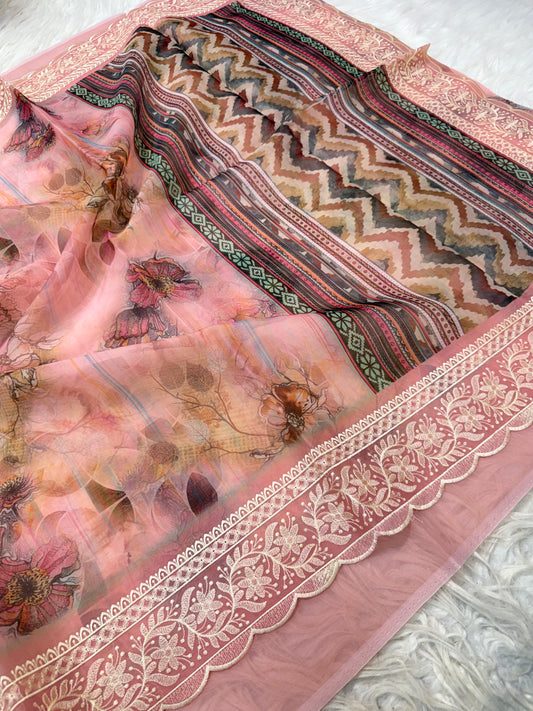 Peach multi shade  kora organza digital print embroidery Banarasi saree