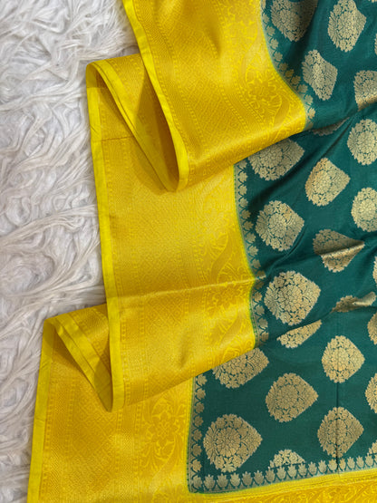 Bottle green & yellow shade Dupion Silk Banarasi Saree 