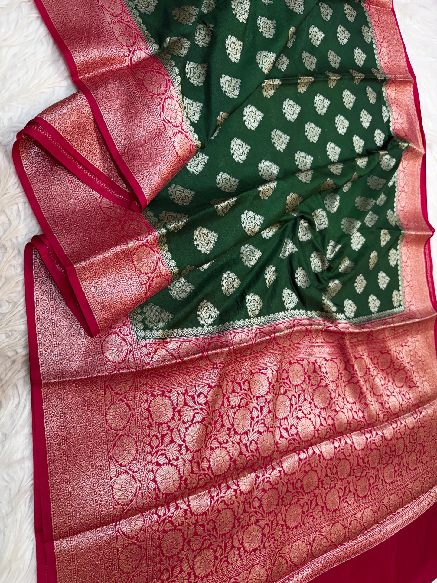 Bottle green & red shade Dupion Silk Banarasi Saree 