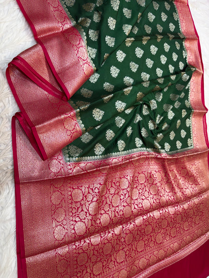 Bottle green & red shade Dupion Silk Banarasi Saree 