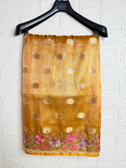Gold  tissue cutwork embroidery premium designer Banarasi saree