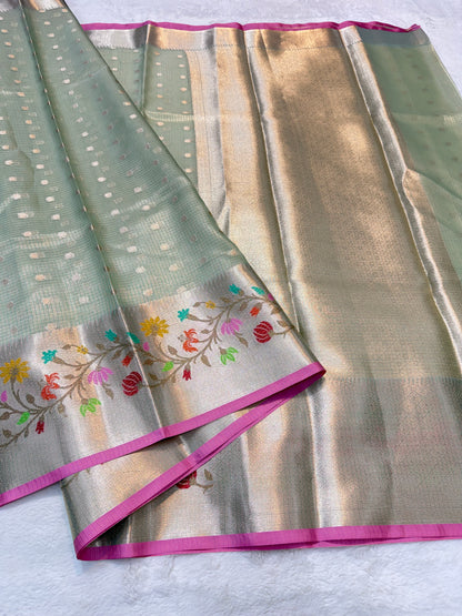 Pista green & multicolour shade tissue kota premium paithani border designer banarasi saree