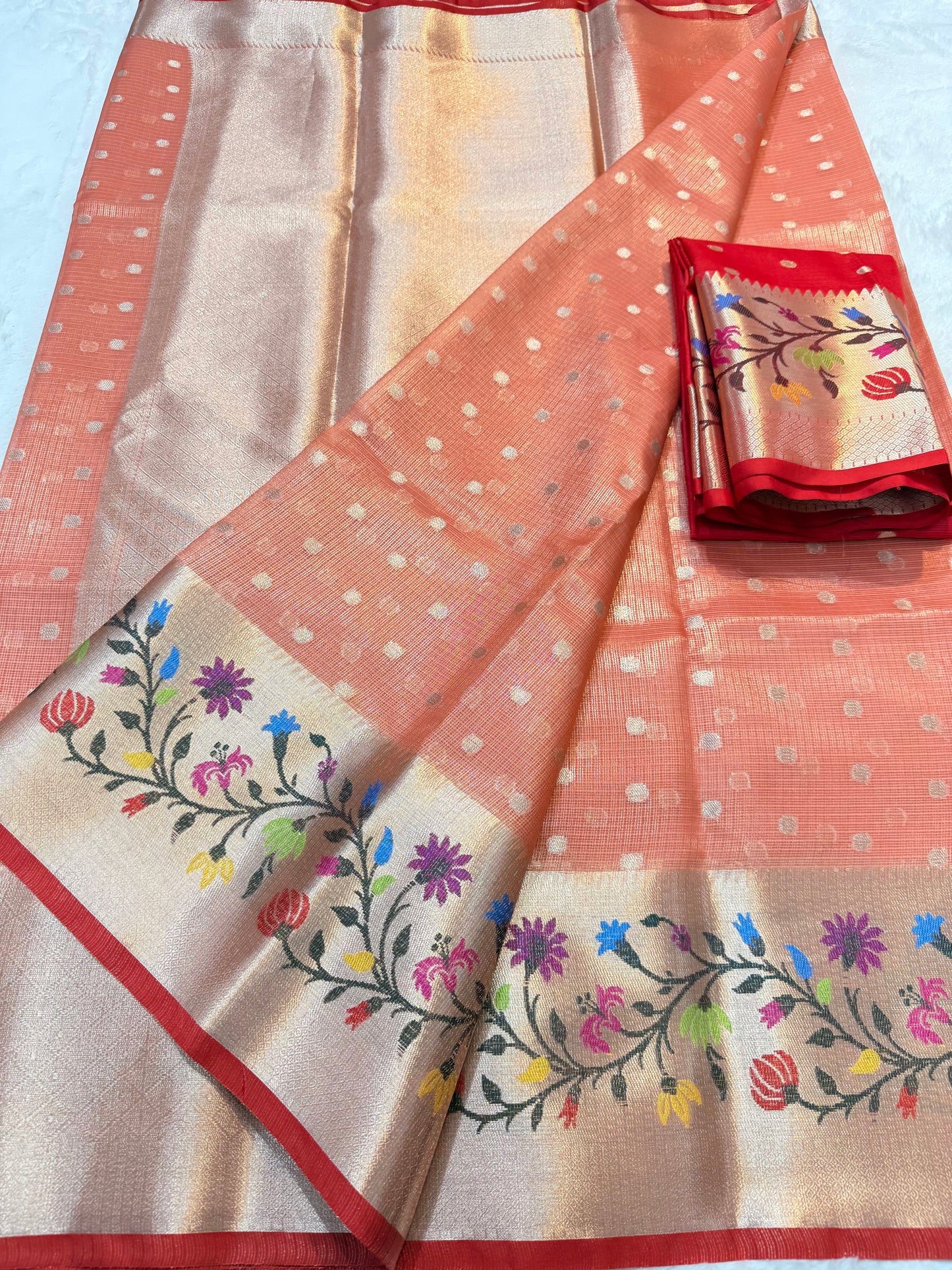 Orang & multicolour shade tissue kota premium paithani border designer banarasi saree