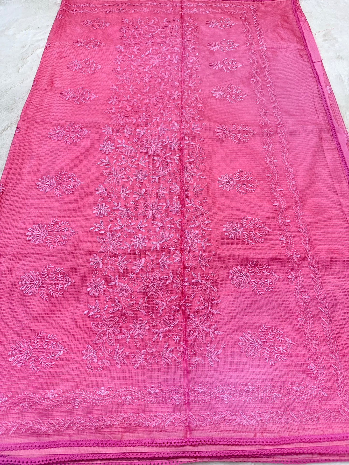 Pink shade cotton kota chickenkari embroidery Banarasi saree