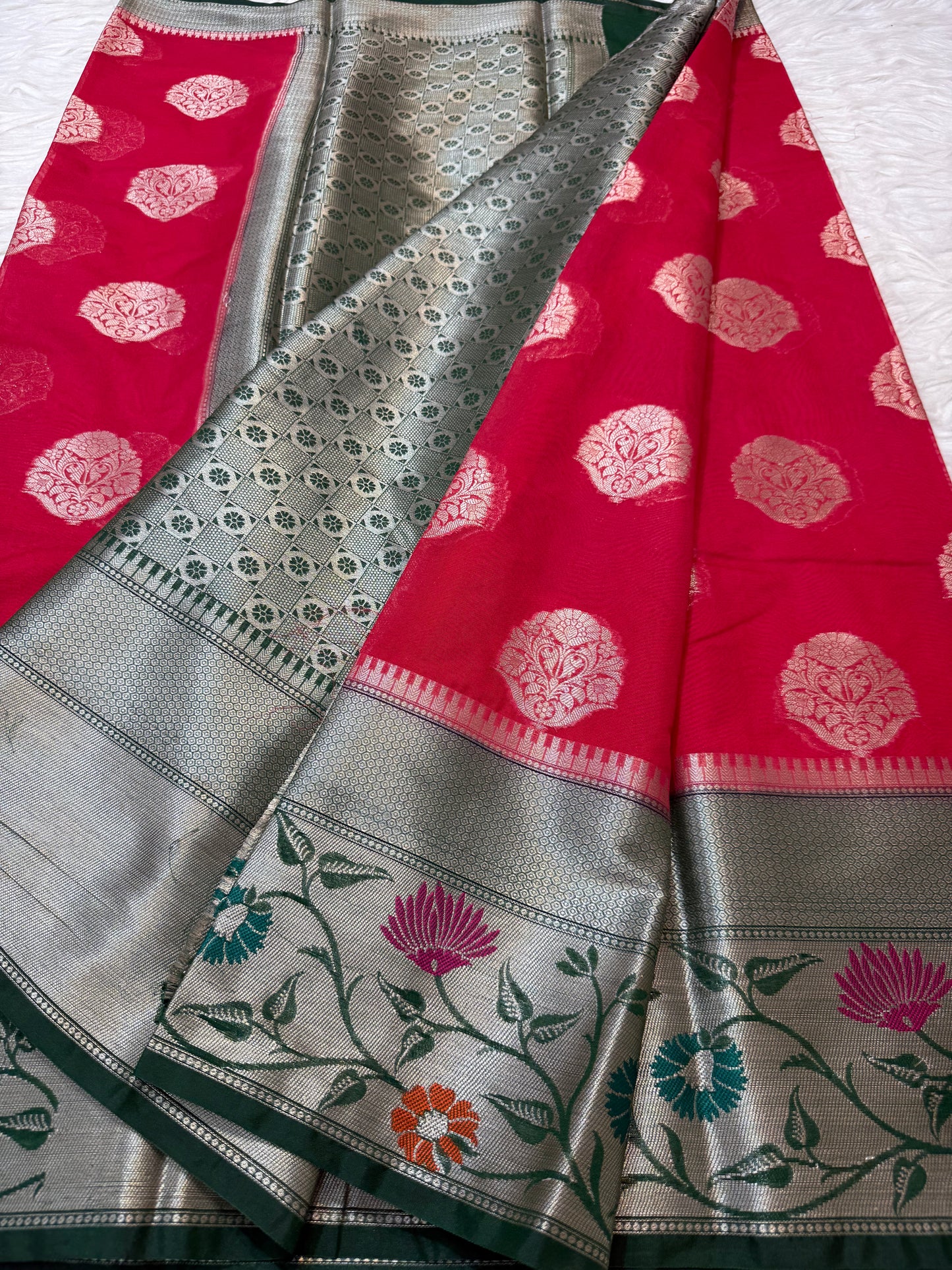 Red & Bottle green  shade georgette Banarasi saree