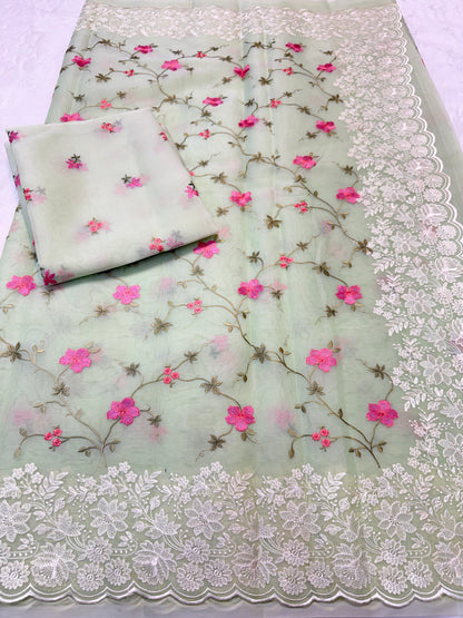 Pista green shade organza designer cutwork premium embroidery Banarasi saree