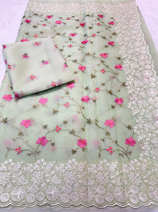 Pista green shade organza designer cutwork premium embroidery Banarasi saree
