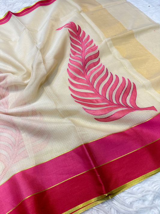 Off White maharani royal pink shade tissue kota appliqué work Banarasi saree