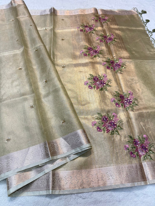 Pista green shade kota tissue kota designer embroidery handwork premium Banarasi saree