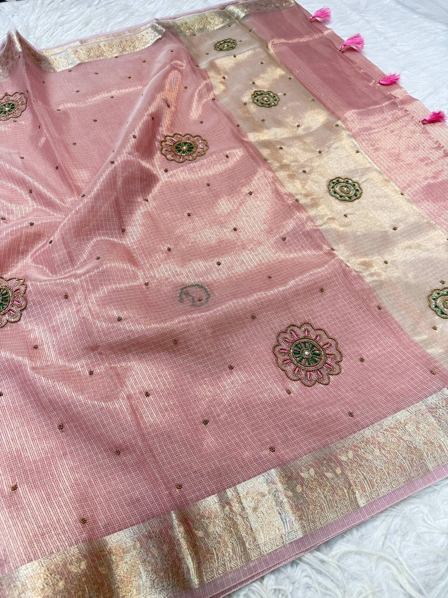 Pink shade tissue kota designer handwork premium Banarasi saree