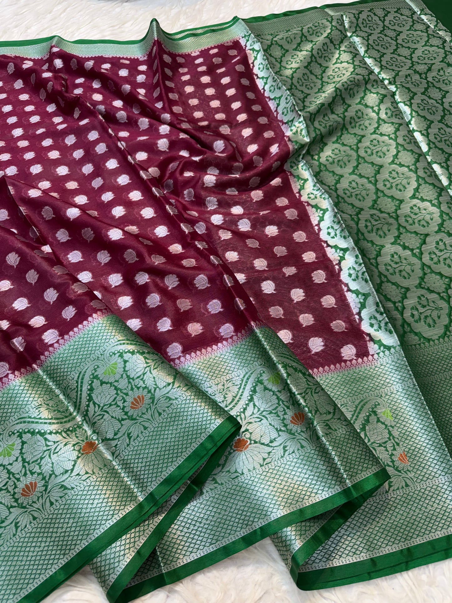 Maroon Bottle green  warm silk premium Banarasi saree