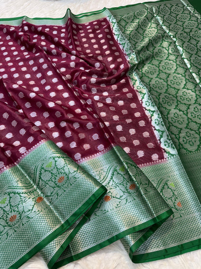 Maroon Bottle green  warm silk premium Banarasi saree