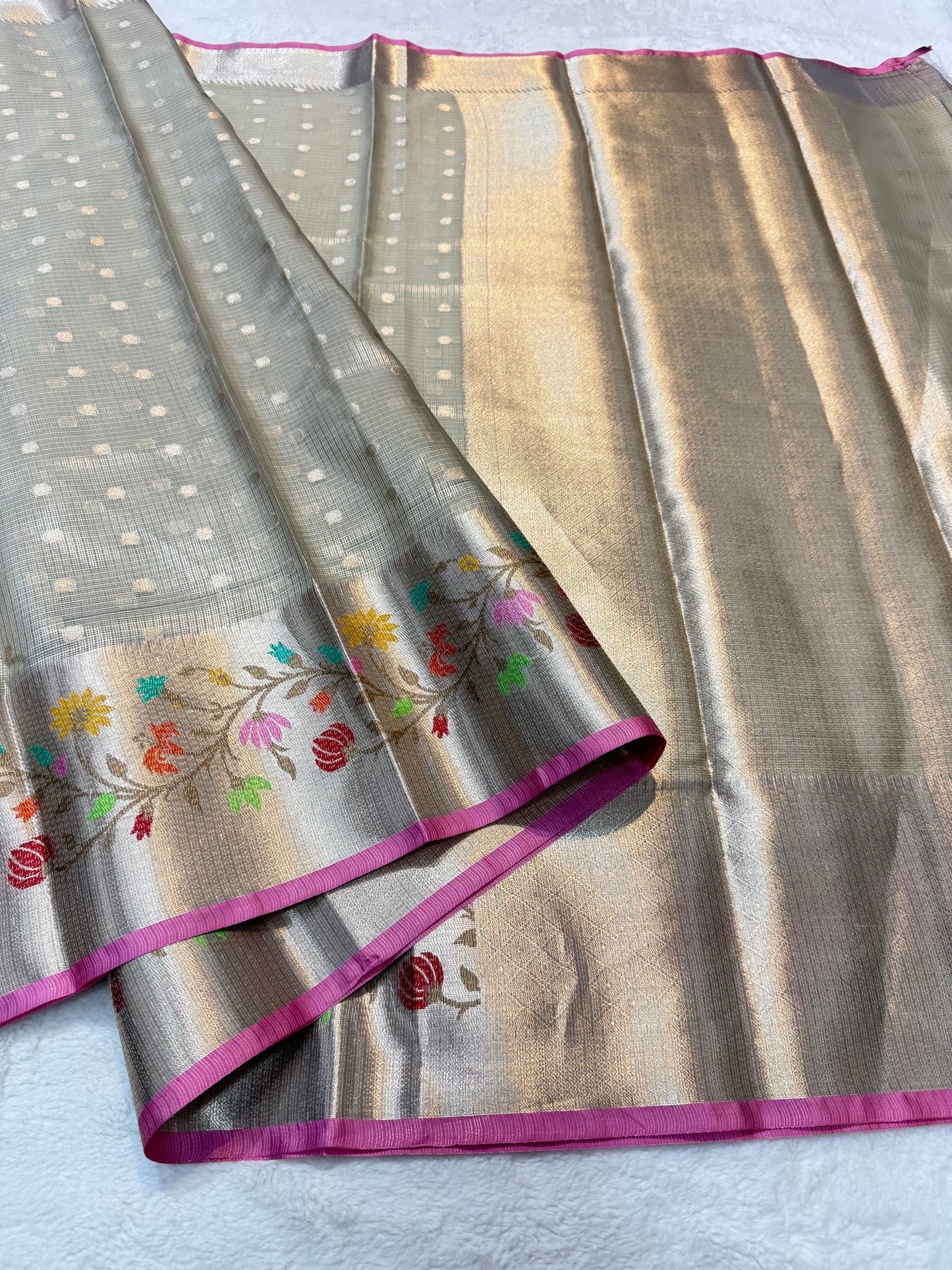 Gray & multicolour shade tissue kota premium paithani border designer banarasi saree