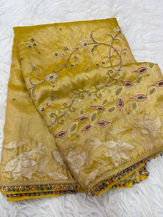 Yellow shade tissue ari & zardosi work designer premium Banarasi saree