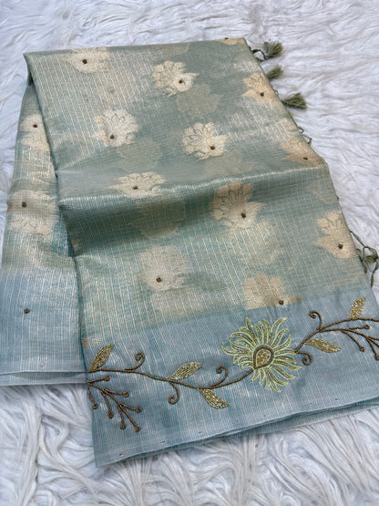 Sea green shade tissue kota designer handwork premium Banarasi saree