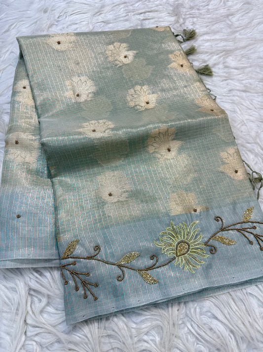 Sea green shade tissue kota designer handwork premium Banarasi saree
