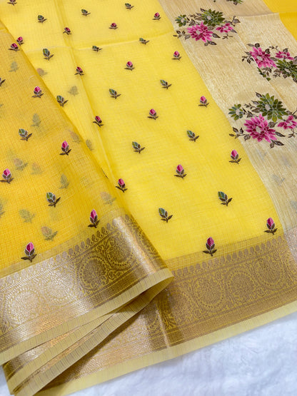 Yellow shade cotton kota embroidery Banarasi saree