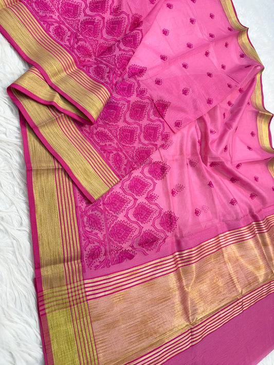 Pink white shade supernet chickenkari embroidery  Banarasi saree