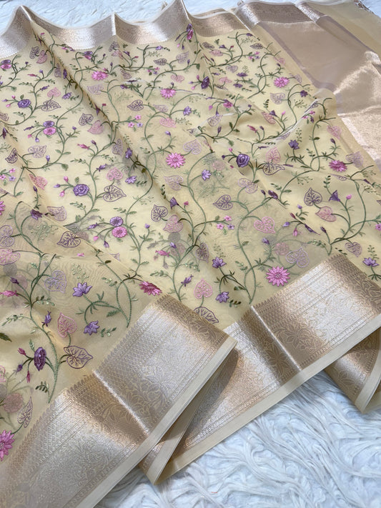 Beige shade organza embroidery Banarasi saree