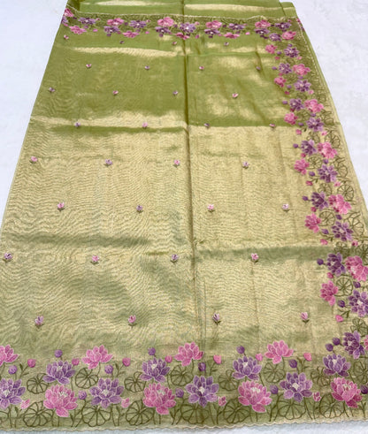 Pista green shade tissue cutwork embroidery premium designer Banarasi saree